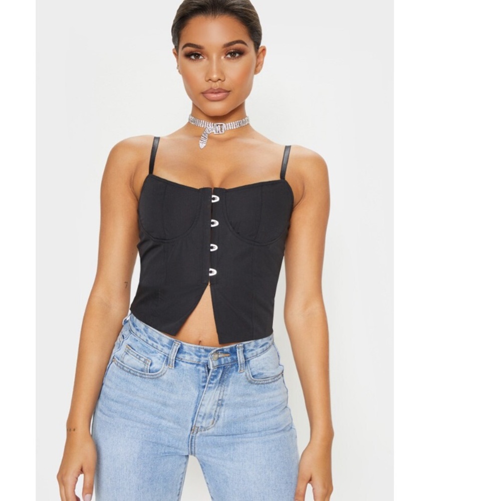 Black Woven Hook And Eye Strappy Crop Top